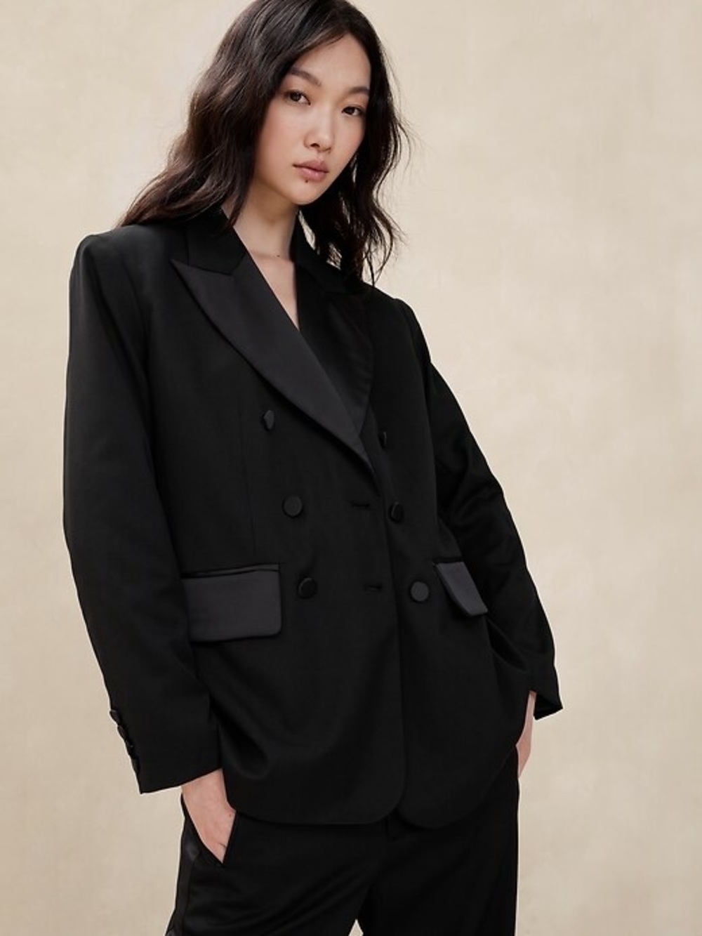 Banana Republic DOUBLE-BREASTED TUXEDO BLAZER size 12 in black
